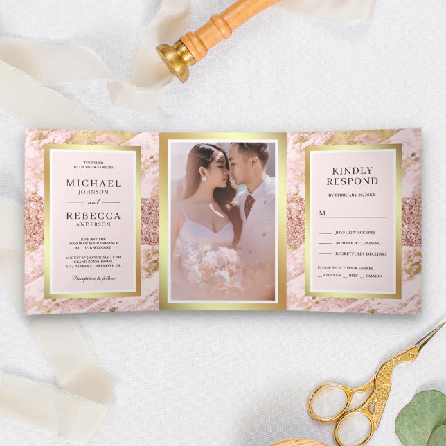 Rose Gold Glitzer Blush Pink Marble Foto Hochzeit Dreifach Gefaltete Einladung (Von Creator hochgeladen)