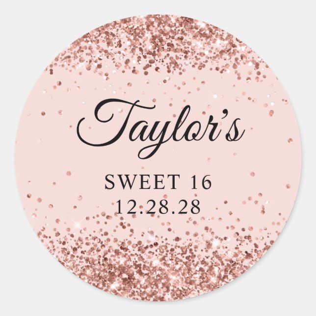Rose Gold Glitzer Blush Sweet 16 Runder Aufkleber (Vorderseite)