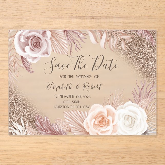 Rose Gold Glitzer Boho Blume Ombre Save the Date Acryleinladungen (Vorderseite)