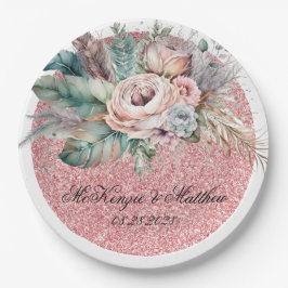 Rose Gold Glitzer Boho Florals Feathers Wedding Pappteller
