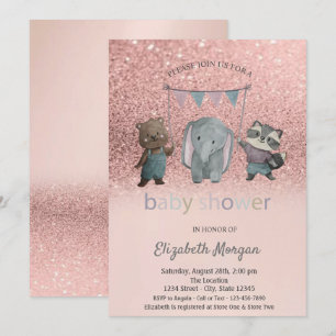 Rose Gold Glitzer Bokeh, Animals Baby Dusche Einladung