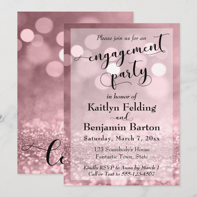 Rose Gold Glitzer Bokeh Engagement Partei Einladung (Vorne/Hinten)