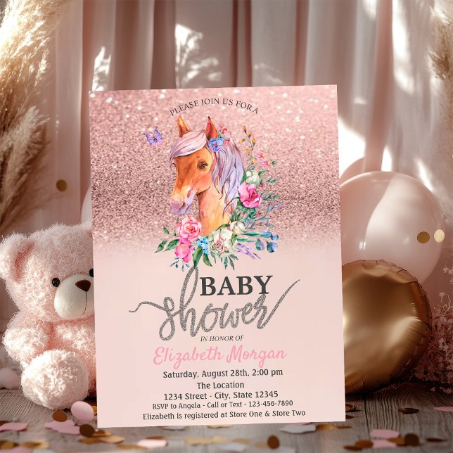 Rose Gold Glitzer Bokeh Floral Pony Baby Dusche Einladung (Von Creator hochgeladen)
