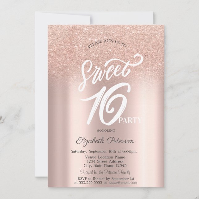 Rose Gold Glitzer Bokeh Ombre Sweet 16 Einladung (Vorderseite)