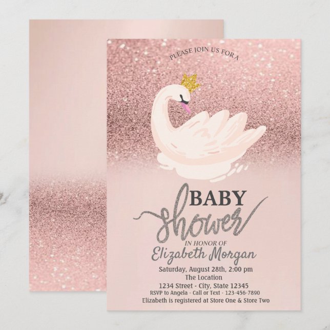 Rose Gold Glitzer Bokeh, Swan Baby Shooter Einladung (Vorne/Hinten)