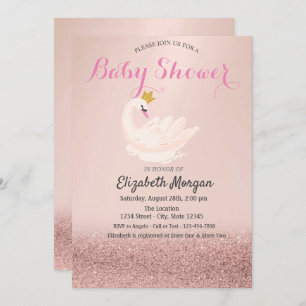 Rose Gold Glitzer Bokeh, Swan Crown Baby Dusche Einladung