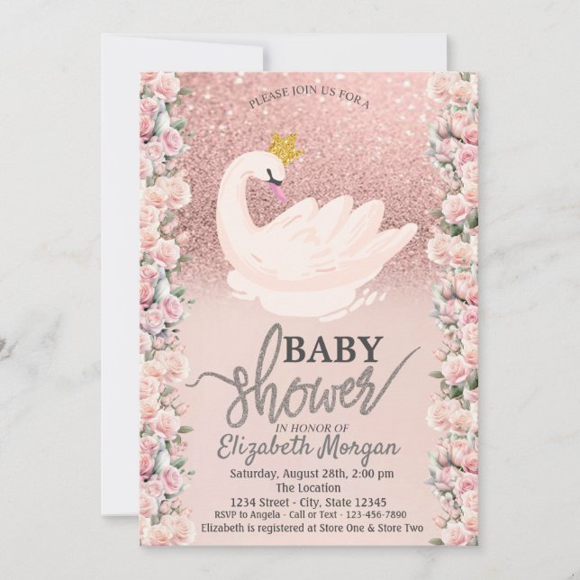 Rose Gold Glitzer Bokeh, Swan Rose Kinderdusche Einladung (Vorderseite)