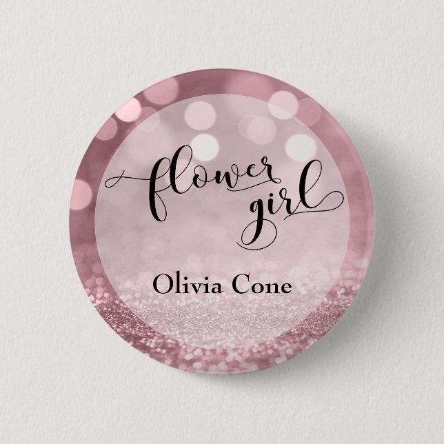 Rose Gold Glitzer Bokeh Typografie Blumenmädchen Button (Vorderseite)