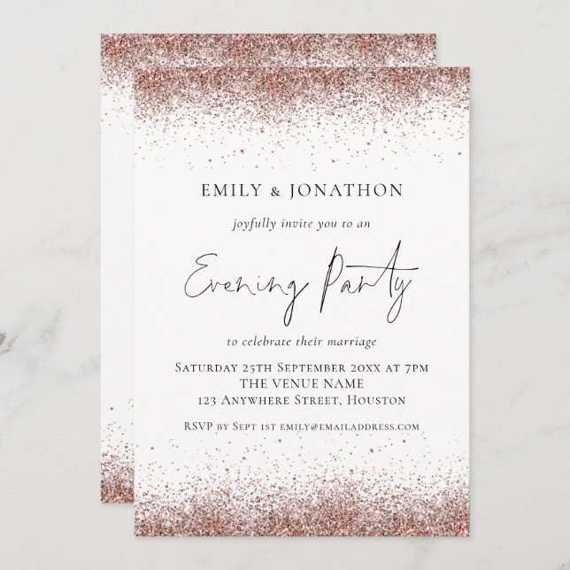 Rose Gold Glitzer Borders Wedding Abend Einladung (Vorne/Hinten)
