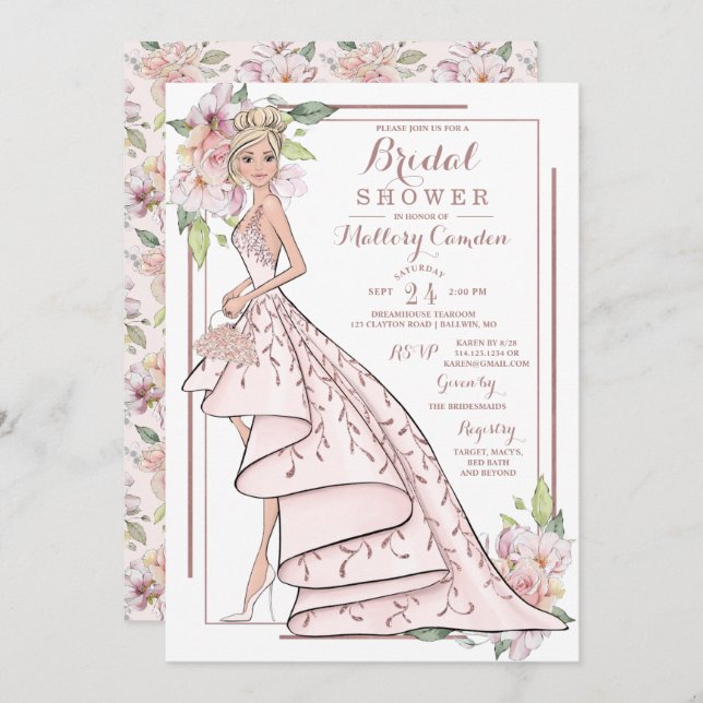 Rose Gold Glitzer Brautdusche Einladung (Vorne/Hinten)