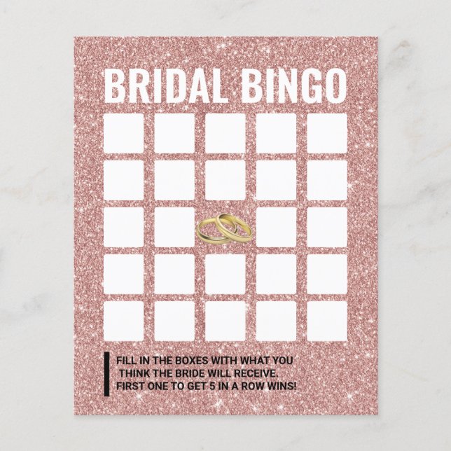 Rose Gold Glitzer Brautparty Bingo Game Card (Vorderseite)