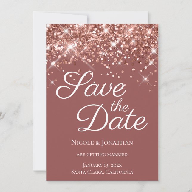 Rose Gold Glitzer Brick Elegante Kalligraphie Save The Date (Vorderseite)