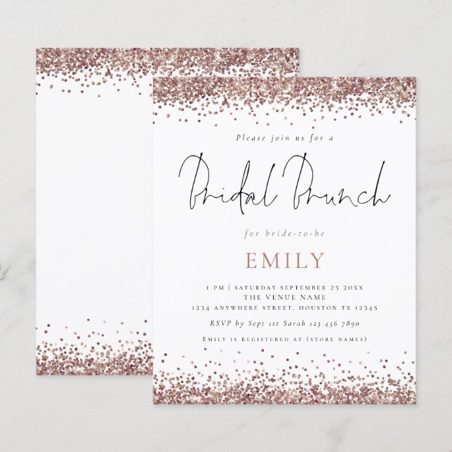 Rose Gold Glitzer Bridal Brunch Einladung (Vorne/Hinten)