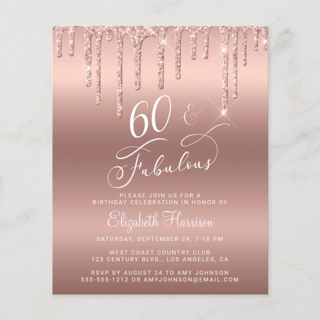 Rose Gold Glitzer Budget 60. Geburtstag Einladung Flyer (Vorne)