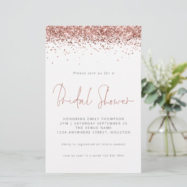 Rose Gold Glitzer Budget Brautparty Einladung (Stehend Vorderseite)