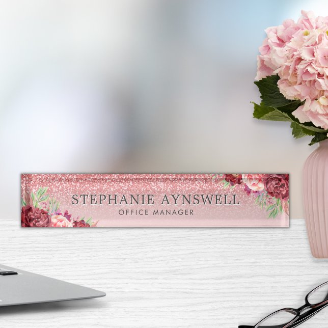 Rose Gold Glitzer Burgundy Blush Namensplakette (Von Creator hochgeladen)