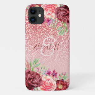 Rose Gold Glitzer Burgundy Floral Personalisiert Case-Mate iPhone Hülle