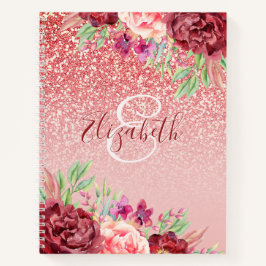 Rose Gold Glitzer Burgundy Floral Personalisiert Notizbuch