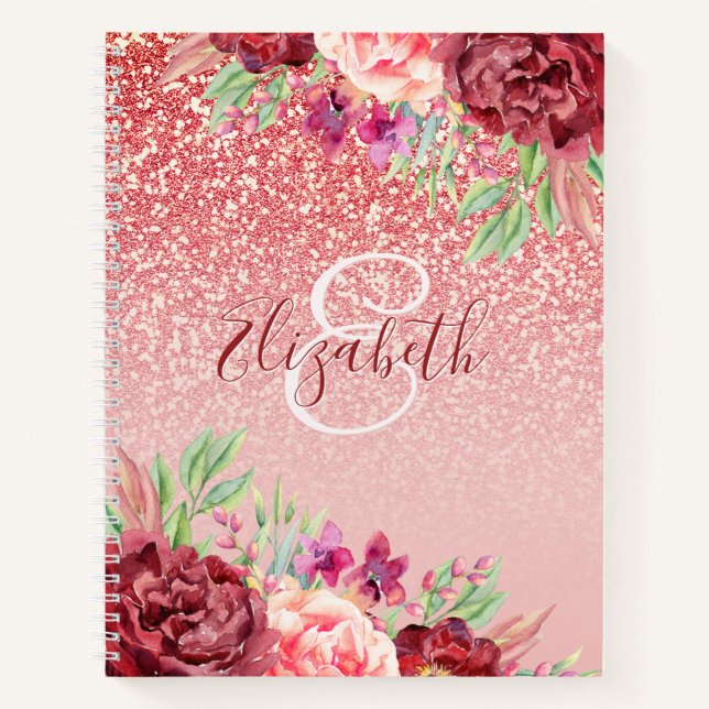 Rose Gold Glitzer Burgundy Floral Personalisiert Notizbuch (Vorderseite)