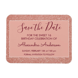 Rose Gold Glitzer Burgundy Sweet 16 Save the Date Magnet