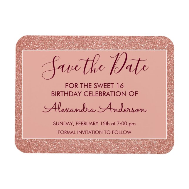 Rose Gold Glitzer Burgundy Sweet 16 Save the Date Magnet (Horizontal)