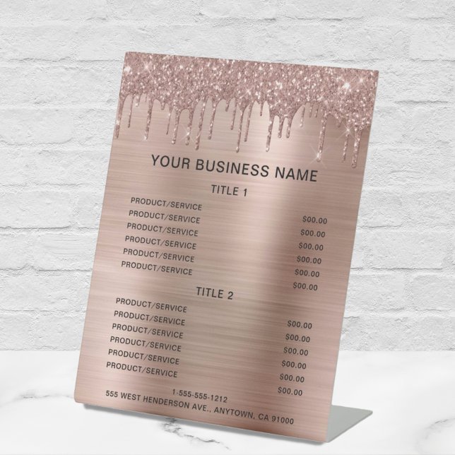 Rose Gold Glitzer Business Price List Sockelschild (Von Creator hochgeladen)