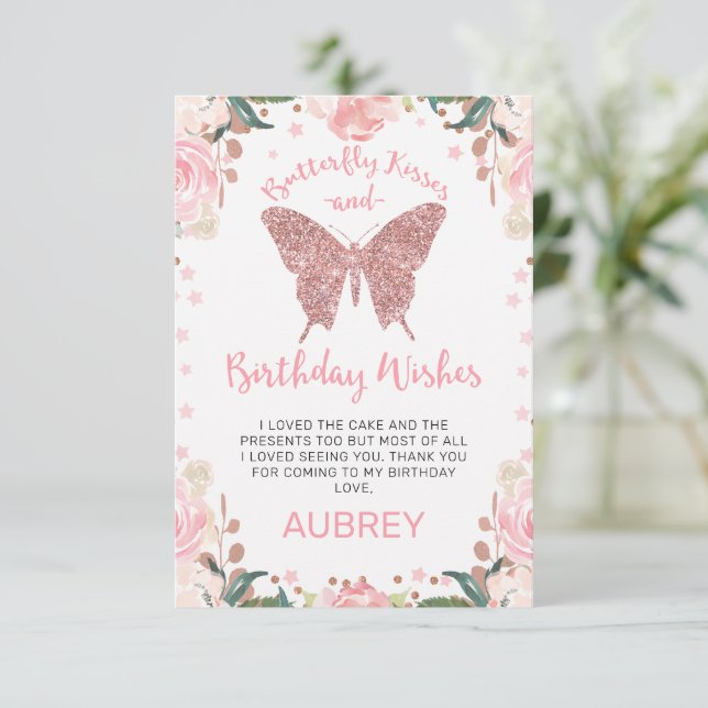 Rose Gold Glitzer Butterfly Kisses Geburtstag Dankeskarte (Stehend Vorderseite)