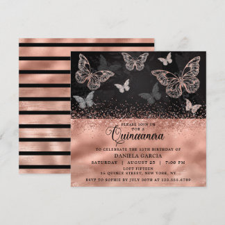 Rose Gold Glitzer Butterfly Moderne Quinceñera Einladung