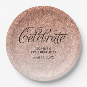 Rose Gold Glitzer Celebrate Personalisiert Pappteller