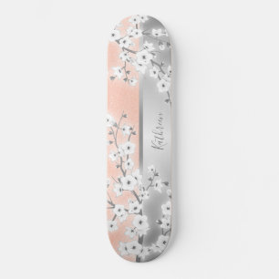 Rose Gold Glitzer Cherry Blossom Monogram Girl Skateboard