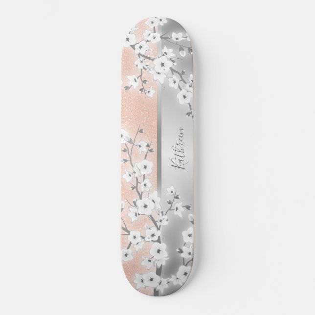 Rose Gold Glitzer Cherry Blossom Monogram Girl Skateboard (Vorderseite)