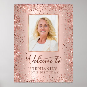 Rose Gold Glitzer Chic 50. Geburtstag Foto Willkom Poster