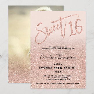 Rose Gold Glitzer Chic Drehbuch rot Sweet 16 Foto Einladung