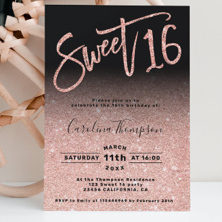 Rose Gold Glitzer Chic Drehbuch Schwarz Sweet 16 F Einladung