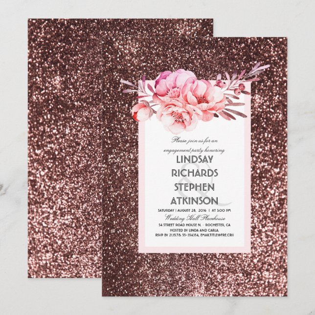 Rose Gold Glitzer Chic Vintage Engagement Partei Einladung (Vorne/Hinten)