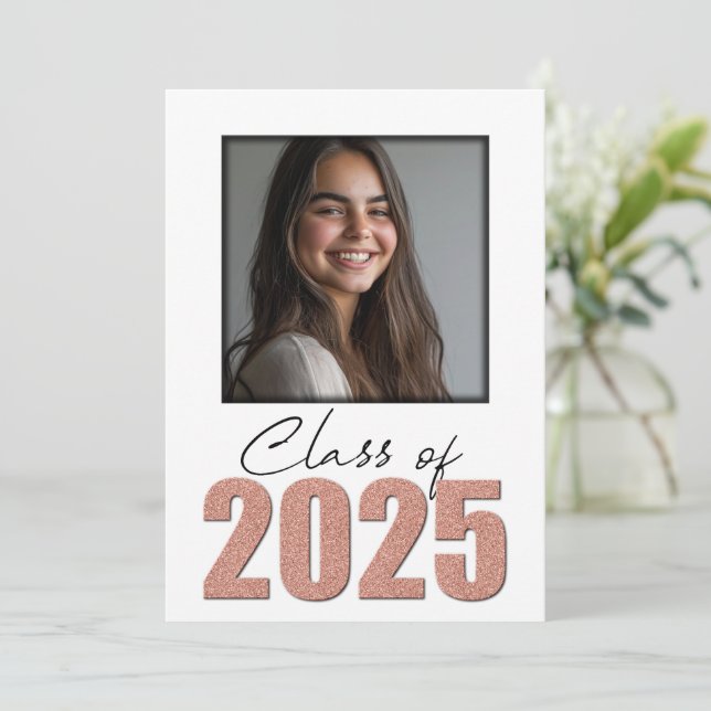 Rose Gold Glitzer Class of 2025 Foto Open House Einladung (Stehend Vorderseite)
