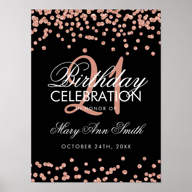 Rose Gold Glitzer Confetti 21. Geburtstag Schwarz Poster (Vorne)