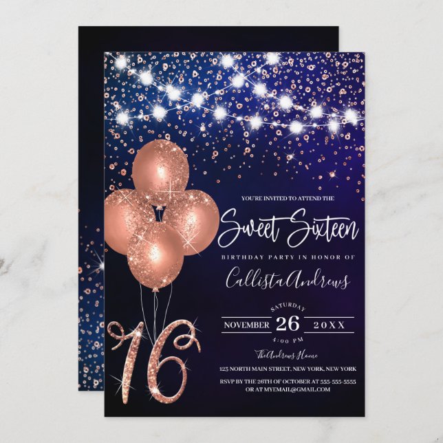 Rose Gold Glitzer Confetti Balloons Light Sweet 16 Einladung (Vorne/Hinten)