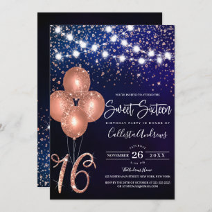 Rose Gold Glitzer Confetti Balloons Light Sweet 16 Einladung