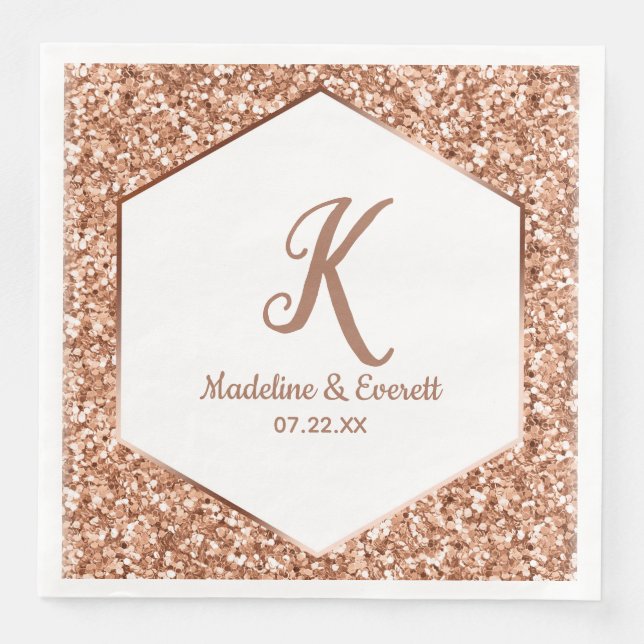 Rose Gold Glitzer Confetti Glam Monogram Wedding Serviette (Vorderseite)