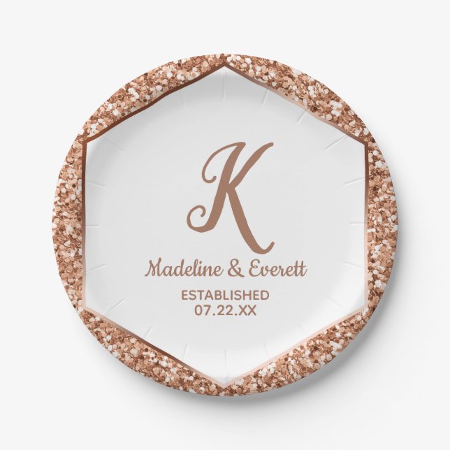 Rose Gold Glitzer Confetti Glam Wedding Monogram Pappteller (Vorderseite)