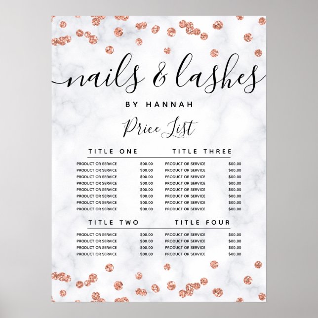 Rose Gold Glitzer Confetti Marble Preis Menü Poster (Vorne)
