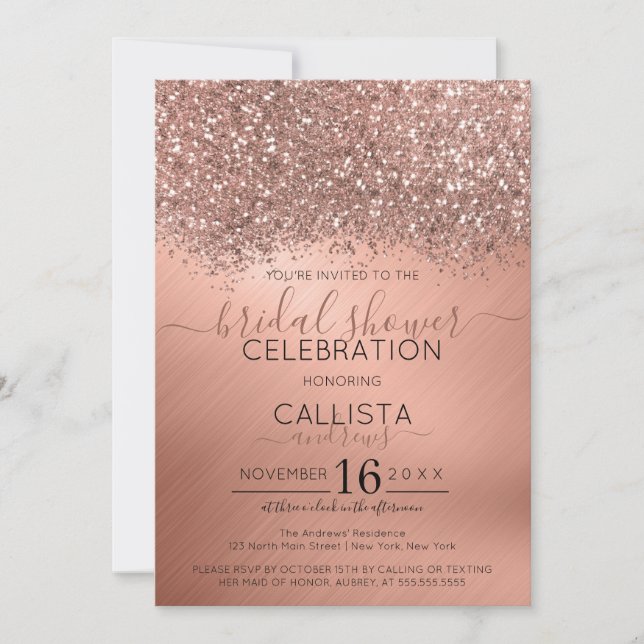 Rose Gold Glitzer Confetti Metallic Brautparty Einladung (Vorderseite)