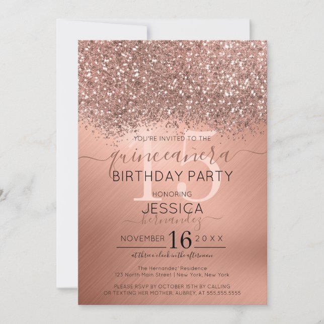 Rose Gold Glitzer Confetti Metallic Quinceañera Einladung (Vorderseite)
