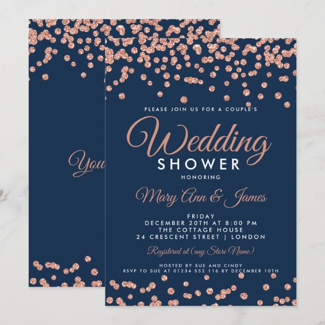 Rose Gold Glitzer Confetti Navy Couple Dusche Einladung (Vorne/Hinten)