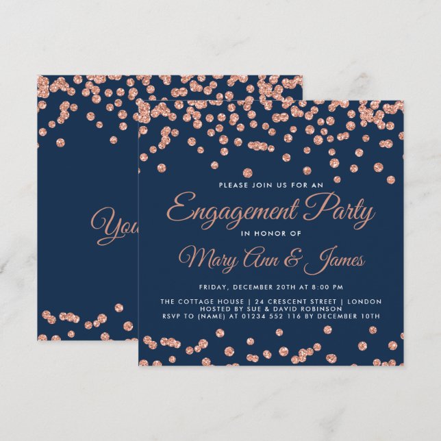 Rose Gold Glitzer Confetti Navy Einladung (Vorne/Hinten)
