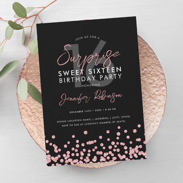 Rose Gold Glitzer Confetti Überraschung Sweet 16 Einladung (Rose Gold Glitter Confetti Surprise Sweet 16 Invitation)