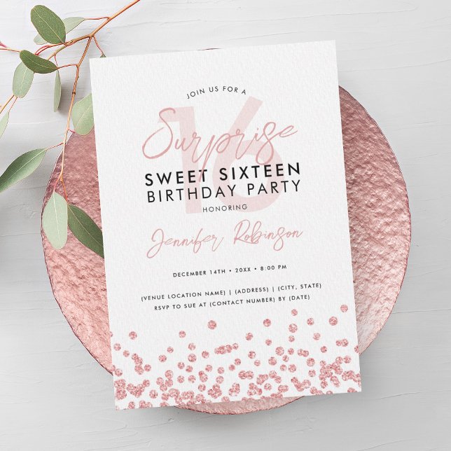 Rose Gold Glitzer Confetti Überraschung Sweet 16 Einladung (Rose Gold Glitter Confetti Surprise Sweet 16 Invitation)
