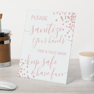 Rose Gold Glitzer Covid Safety Sanitize & Mask Sockelschild