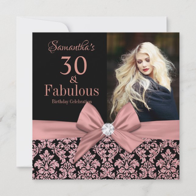 Rose Gold Glitzer Damask 30. Geburtstag Einladung (Vorderseite)